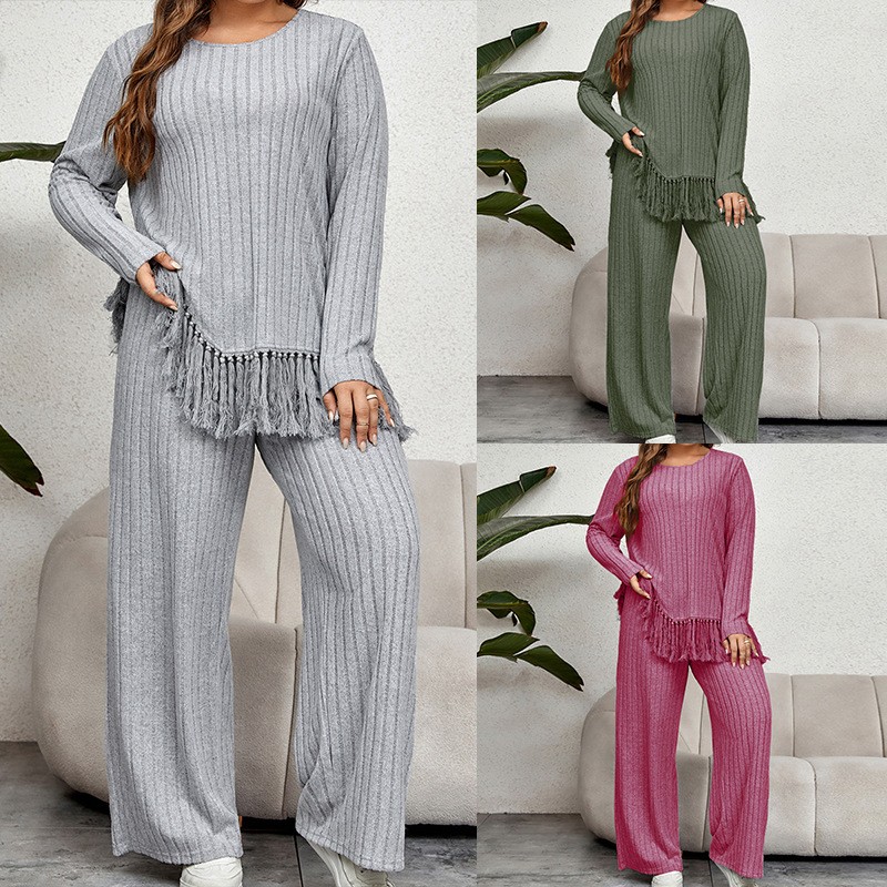 Tassel Fringe Trim - Women's 2-piece Set Casual Pants Hollow
