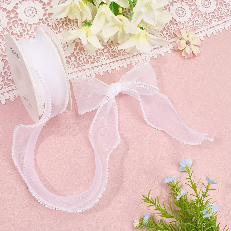 5 Yards White Faux Pearl Edge  - Organza Ribbon Spool ulasan dan harga
