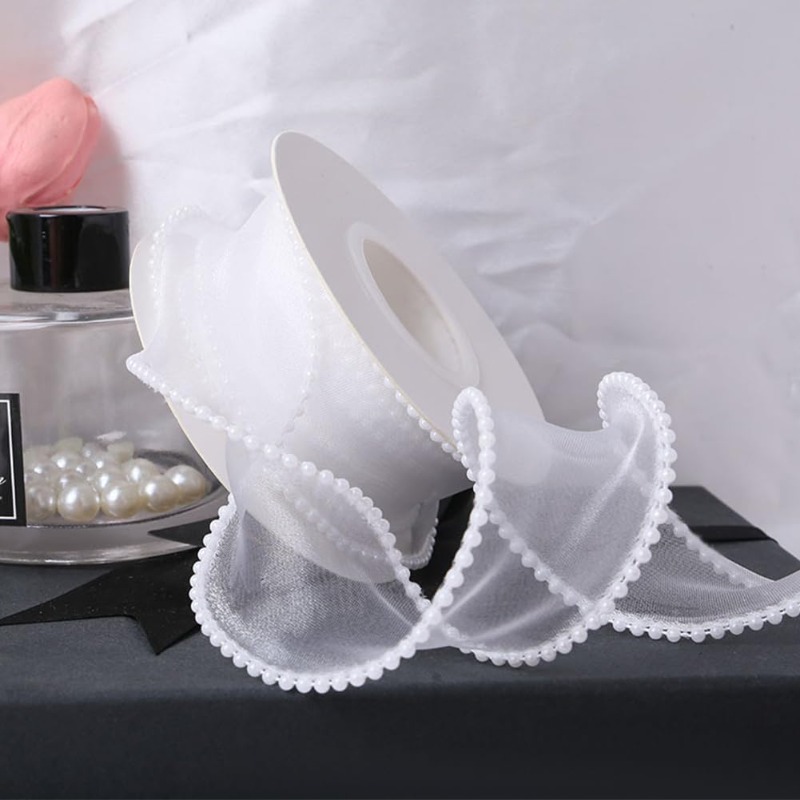 5 Yards White Faux Pearl Edge  - Organza Ribbon Spool ulasan dan harga