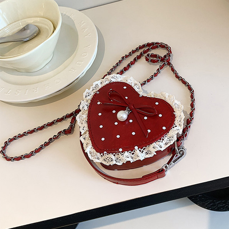 Red Heart Shaped Crossbody Bag - Pearl Trim Chain ulasan dan harga