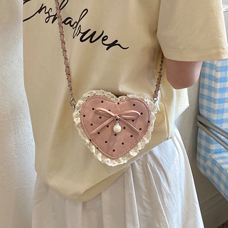Red Heart Shaped Crossbody Bag - Pearl Trim Chain ulasan dan harga