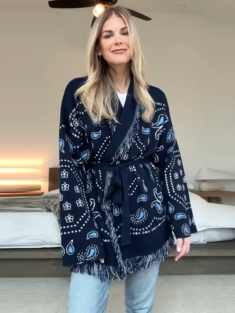 Elegant Print Tassel Cardigan  - Tassel Fringe Trim ulasan dan harga