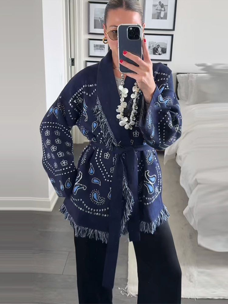 Elegant Print Tassel Cardigan  - Tassel Fringe Trim ulasan dan harga