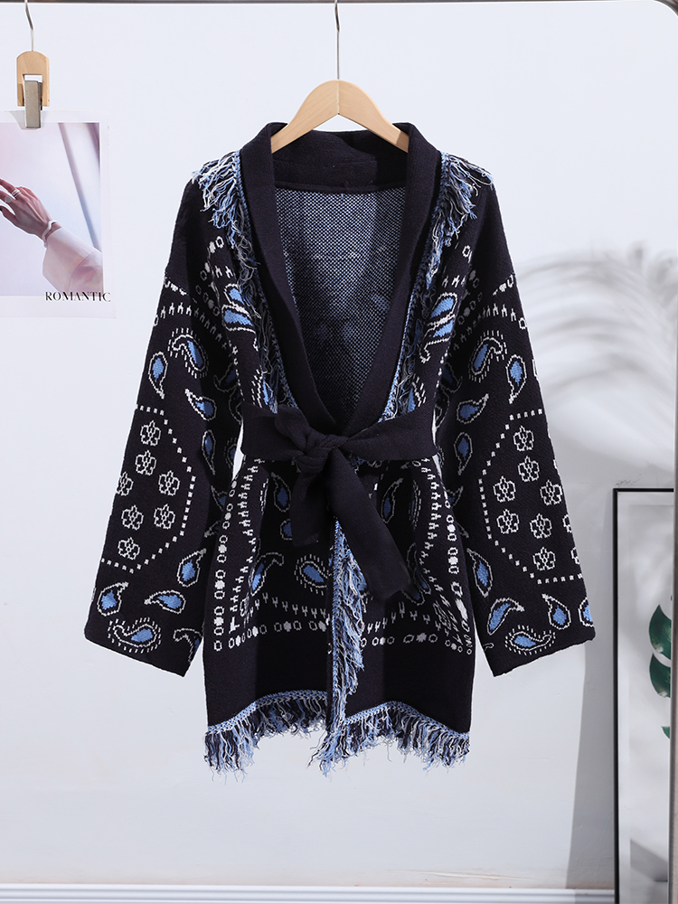 Elegant Print Tassel Cardigan  - Tassel Fringe Trim ulasan dan harga